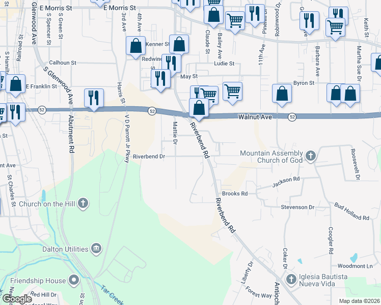 map of restaurants, bars, coffee shops, grocery stores, and more near 1019 Riverbend Drive in Dalton