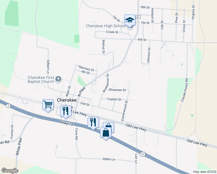map of restaurants, bars, coffee shops, grocery stores, and more near 1446 Shawnee Street in Cherokee