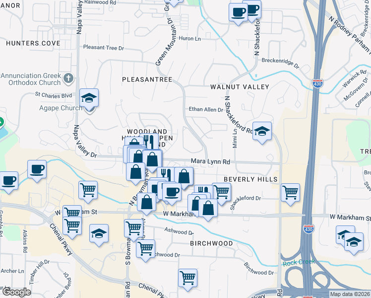 map of restaurants, bars, coffee shops, grocery stores, and more near 11505 Mara Lynn Road in Little Rock