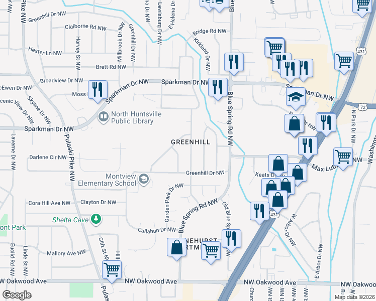 map of restaurants, bars, coffee shops, grocery stores, and more near 2613 Thornhill Road Northwest in Huntsville