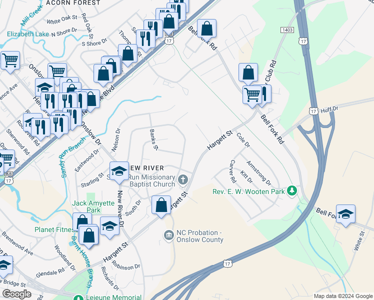 map of restaurants, bars, coffee shops, grocery stores, and more near 601 New River Drive in Jacksonville