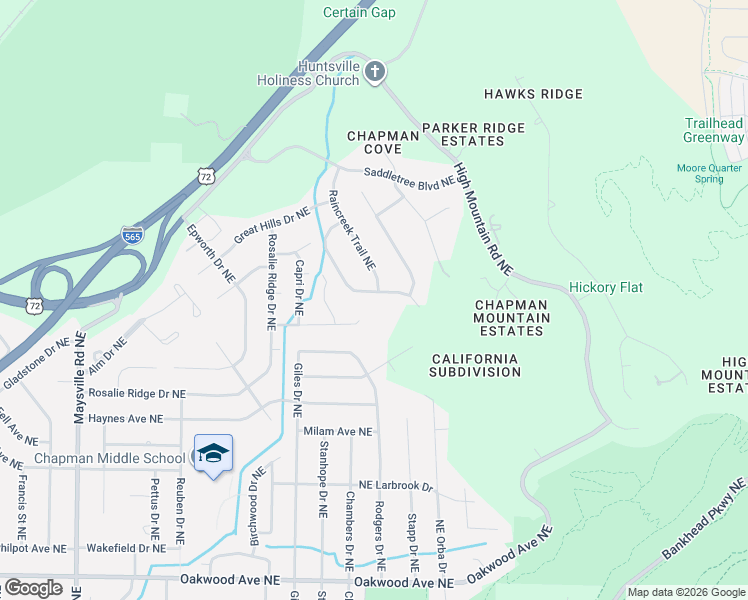 map of restaurants, bars, coffee shops, grocery stores, and more near 2615 Randy Avenue Northeast in Huntsville