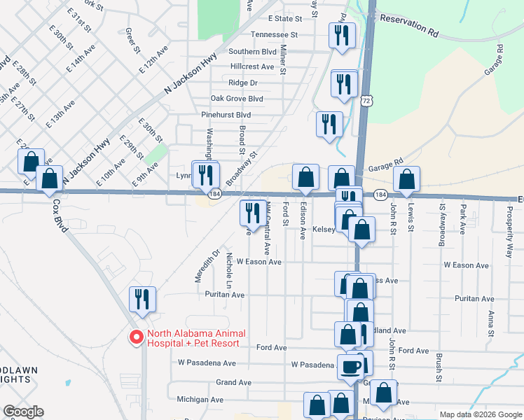 map of restaurants, bars, coffee shops, grocery stores, and more near 128 Northwest Central Avenue in Muscle Shoals