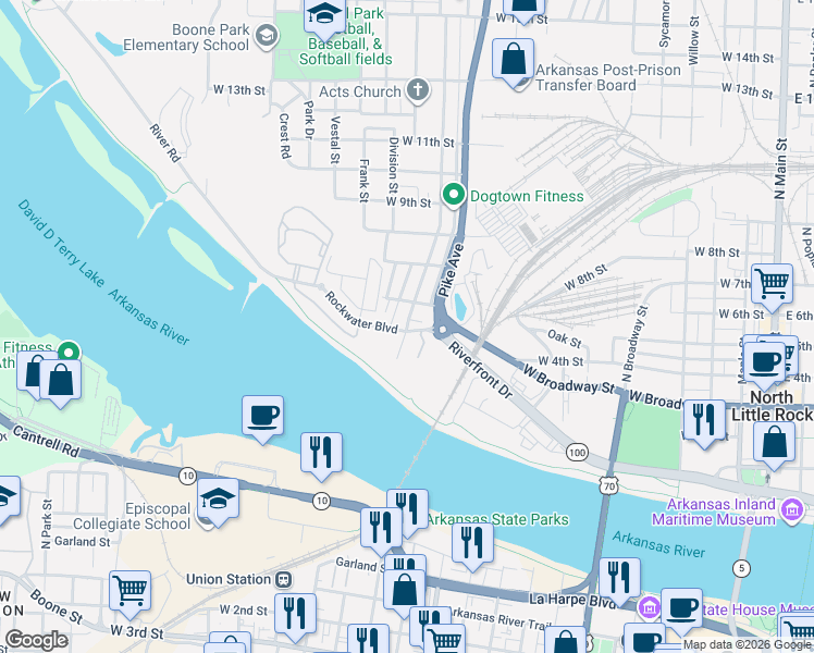 map of restaurants, bars, coffee shops, grocery stores, and more near 1118 Rockwater Boulevard in North Little Rock