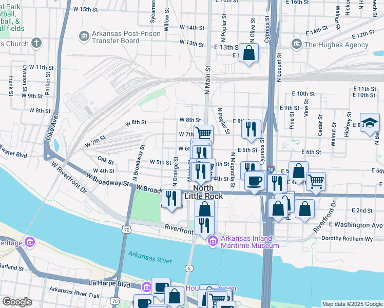 map of restaurants, bars, coffee shops, grocery stores, and more near in North Little Rock