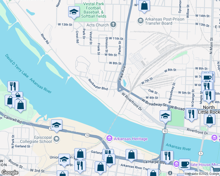 map of restaurants, bars, coffee shops, grocery stores, and more near 1118 Rockwater Boulevard in North Little Rock