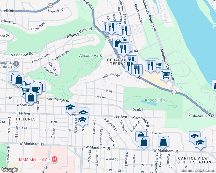 map of restaurants, bars, coffee shops, grocery stores, and more near 3518 Hill Road in Little Rock