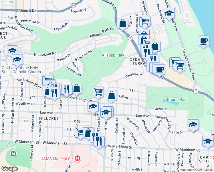 map of restaurants, bars, coffee shops, grocery stores, and more near 3800 Hill Road in Little Rock