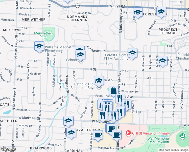 map of restaurants, bars, coffee shops, grocery stores, and more near 6405 Ridgecrest Drive in Little Rock