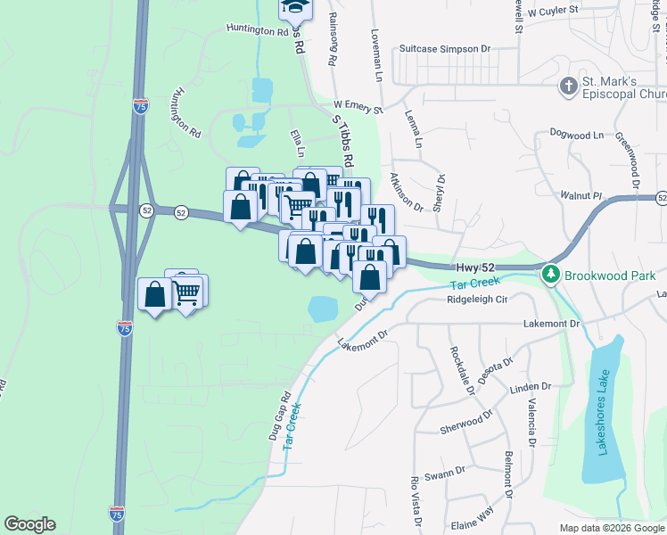 map of restaurants, bars, coffee shops, grocery stores, and more near 1325 West Walnut Avenue in Dalton