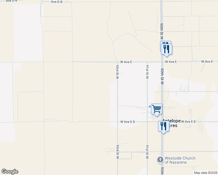 map of restaurants, bars, coffee shops, grocery stores, and more near 48225 93rd Street West in Lancaster