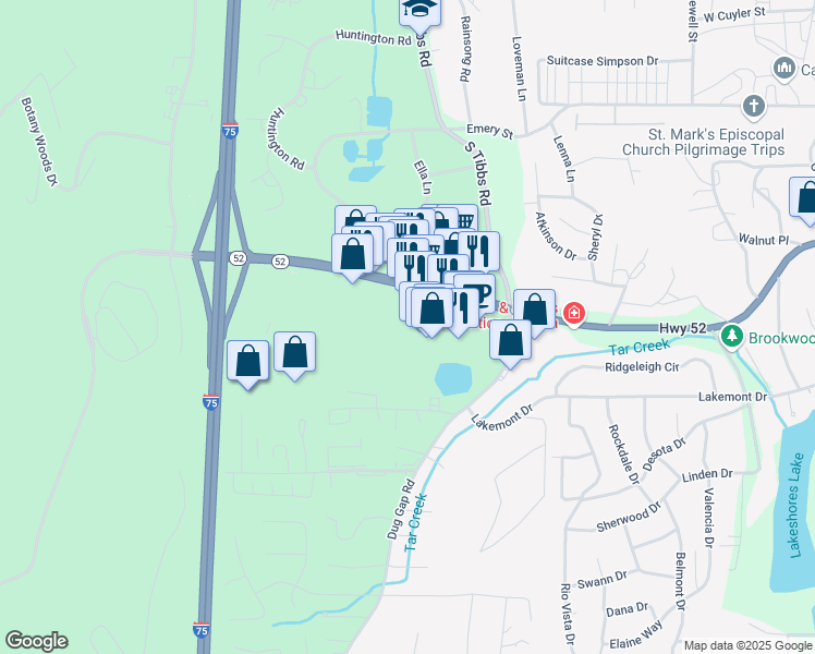map of restaurants, bars, coffee shops, grocery stores, and more near 1365 West Walnut Avenue in Dalton
