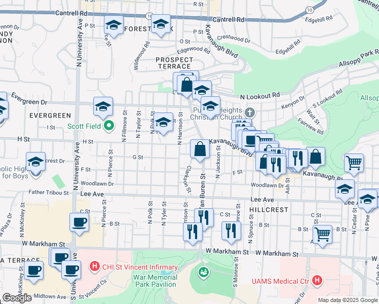 map of restaurants, bars, coffee shops, grocery stores, and more near 5200 H Street in Little Rock