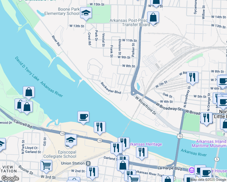 map of restaurants, bars, coffee shops, grocery stores, and more near West 3rd Street in North Little Rock