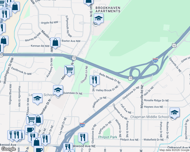 map of restaurants, bars, coffee shops, grocery stores, and more near 2629 Vinyard Street Northeast in Huntsville