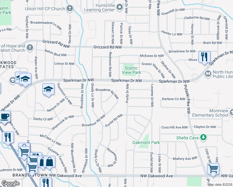 map of restaurants, bars, coffee shops, grocery stores, and more near 2213 Glen Iris Circle Northwest in Huntsville