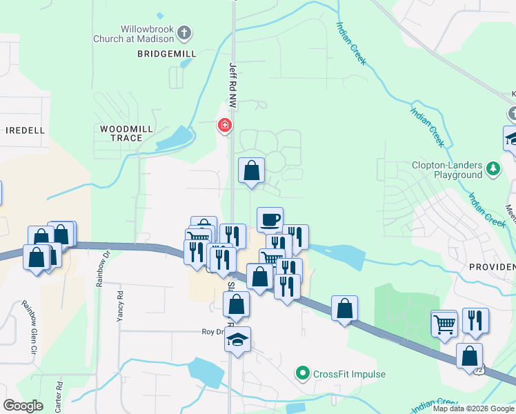 map of restaurants, bars, coffee shops, grocery stores, and more near 7043 Back Nine Road in Huntsville