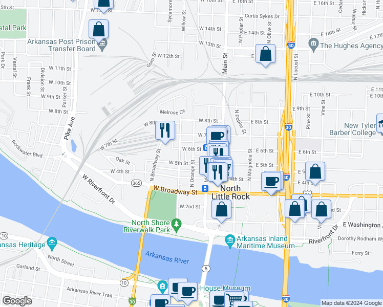 map of restaurants, bars, coffee shops, grocery stores, and more near 617 Maple Street in North Little Rock