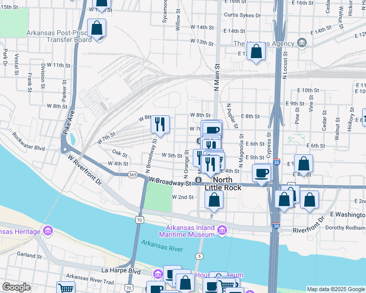 map of restaurants, bars, coffee shops, grocery stores, and more near 610 Willow Street in North Little Rock