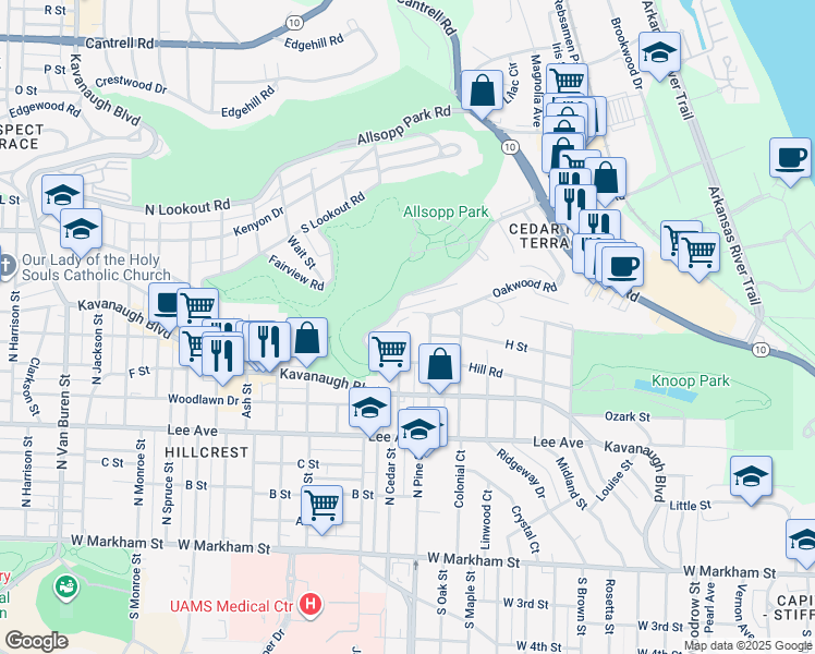 map of restaurants, bars, coffee shops, grocery stores, and more near 3900 Oakwood Road in Little Rock