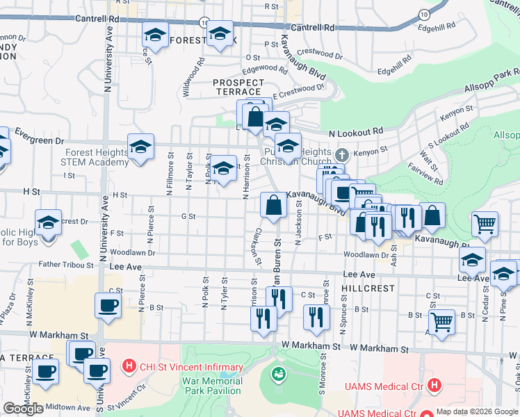 map of restaurants, bars, coffee shops, grocery stores, and more near 5200 H Street in Little Rock