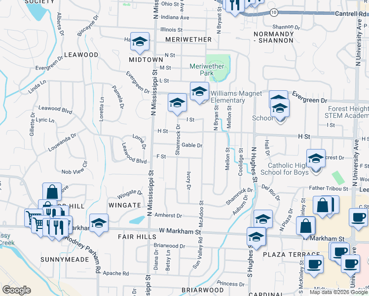 map of restaurants, bars, coffee shops, grocery stores, and more near 7401 H Street in Little Rock