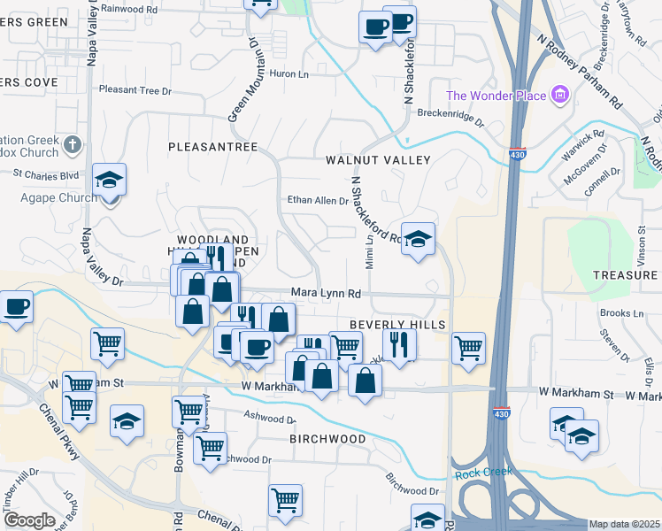 map of restaurants, bars, coffee shops, grocery stores, and more near 504 Green Mountain Drive in Little Rock