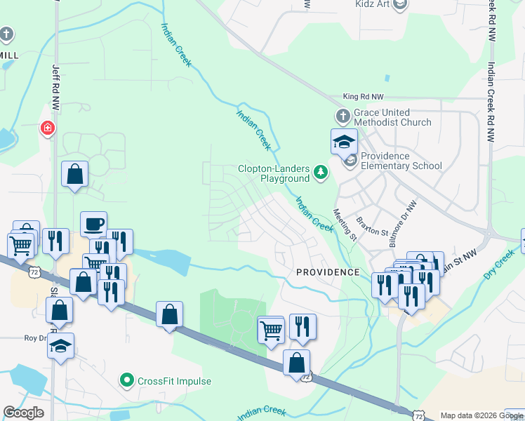 map of restaurants, bars, coffee shops, grocery stores, and more near 107 Hillcrest Avenue Northwest in Huntsville