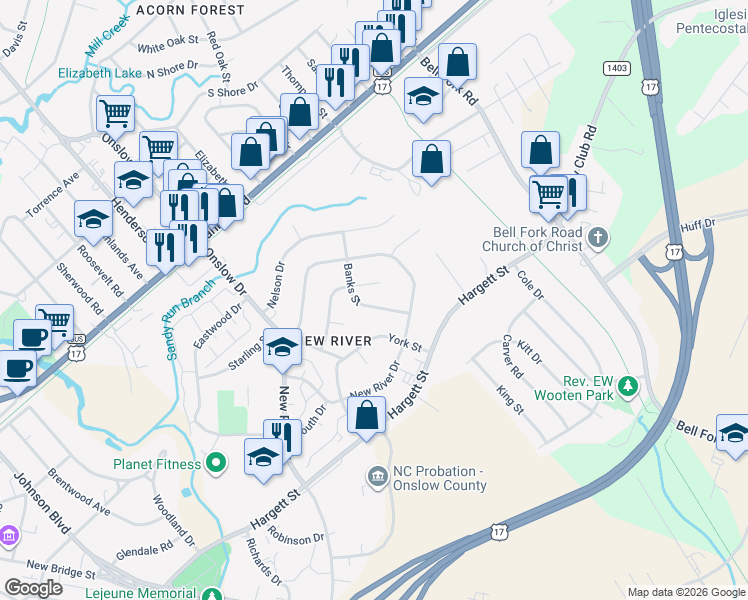 map of restaurants, bars, coffee shops, grocery stores, and more near 130 Bryan Place in Jacksonville