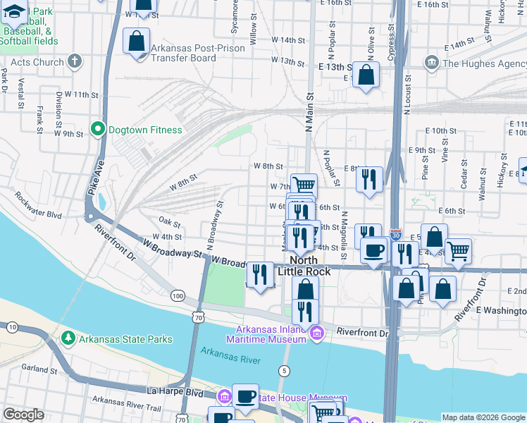map of restaurants, bars, coffee shops, grocery stores, and more near 617 Maple Street in North Little Rock