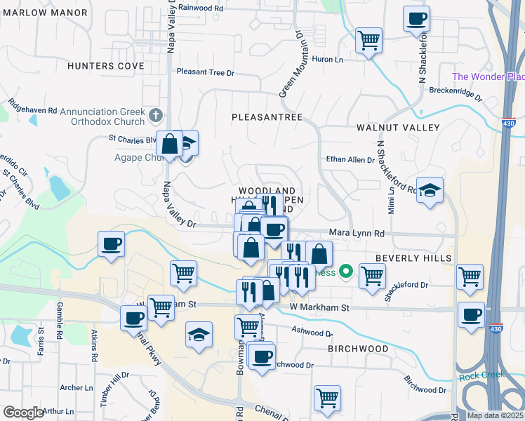 map of restaurants, bars, coffee shops, grocery stores, and more near 612 Aspen Drive in Little Rock