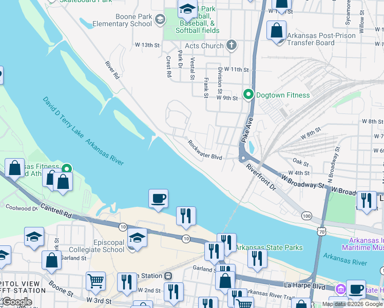 map of restaurants, bars, coffee shops, grocery stores, and more near 1412 Rockwater Lane in North Little Rock
