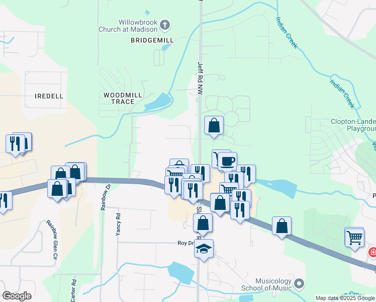 map of restaurants, bars, coffee shops, grocery stores, and more near 196 Jeff Road Northwest in Huntsville