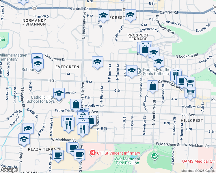 map of restaurants, bars, coffee shops, grocery stores, and more near 816 North Fillmore Street in Little Rock