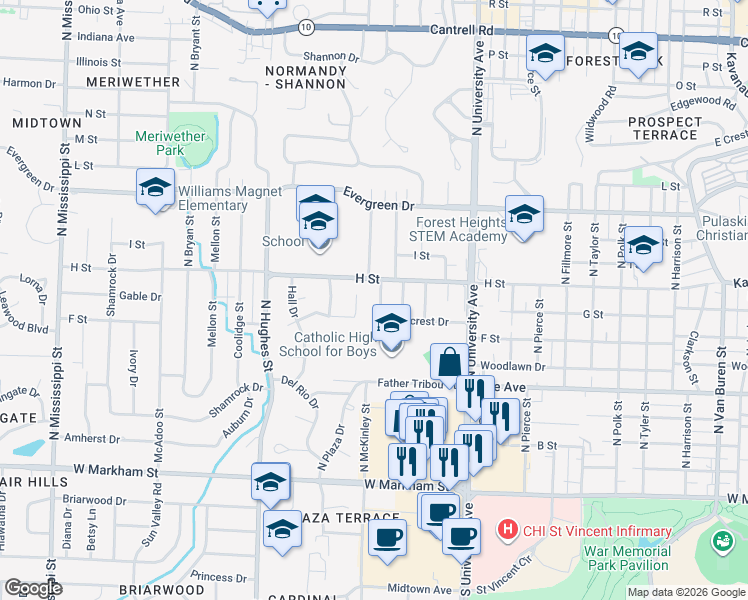map of restaurants, bars, coffee shops, grocery stores, and more near 823 Ridgecrest Drive in Little Rock