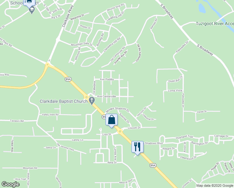 map of restaurants, bars, coffee shops, grocery stores, and more near 980 Calle Tomallo in Clarkdale