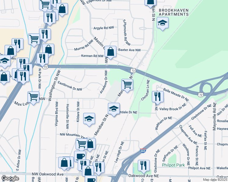 map of restaurants, bars, coffee shops, grocery stores, and more near 2701 Meridian Street North in Huntsville