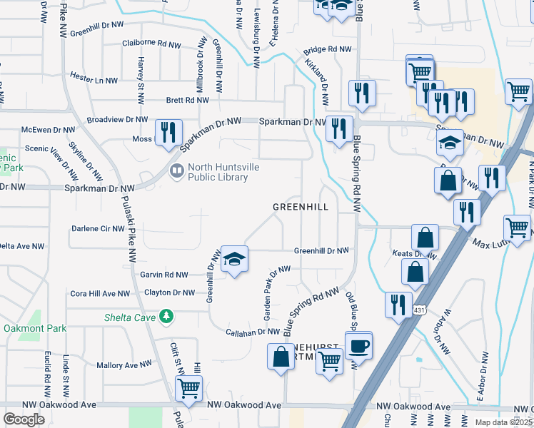 map of restaurants, bars, coffee shops, grocery stores, and more near 2708 Monticello Drive Northwest in Huntsville