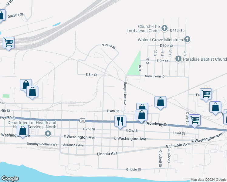 map of restaurants, bars, coffee shops, grocery stores, and more near 400 North Palm Street in North Little Rock