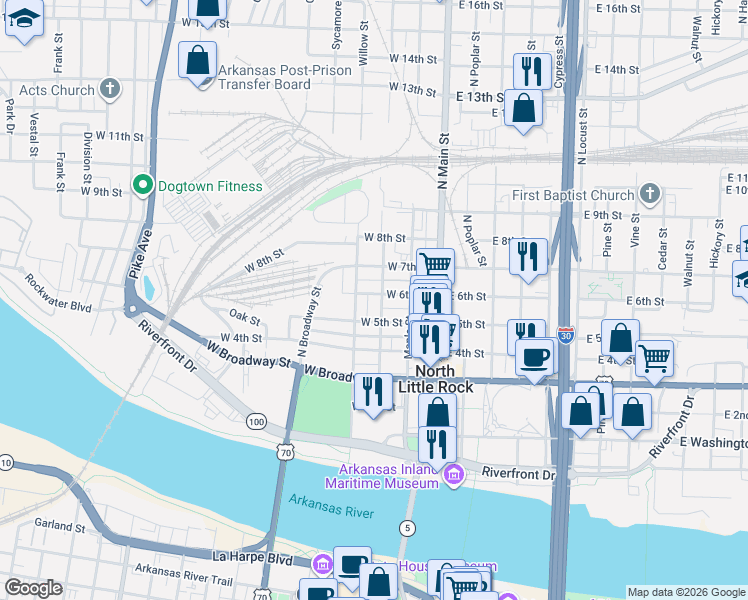 map of restaurants, bars, coffee shops, grocery stores, and more near 610 Willow Street in North Little Rock
