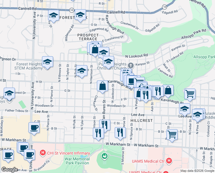 map of restaurants, bars, coffee shops, grocery stores, and more near 3209 Kavanaugh Boulevard in Little Rock