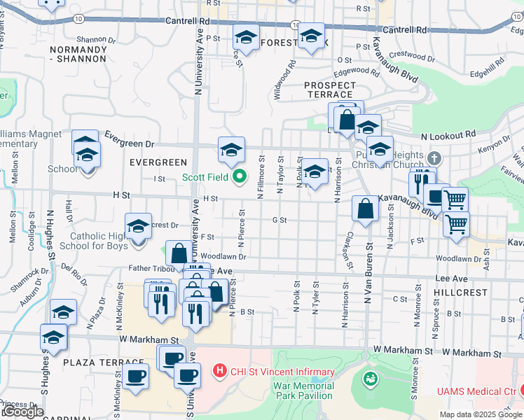 map of restaurants, bars, coffee shops, grocery stores, and more near 900 North Fillmore Street in Little Rock