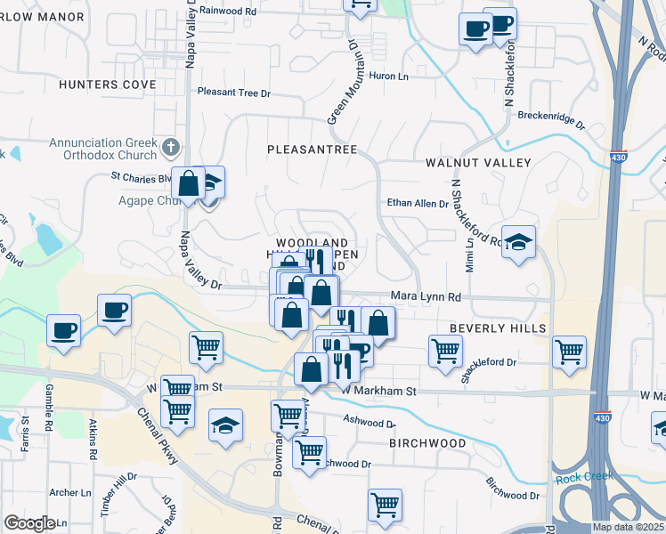 map of restaurants, bars, coffee shops, grocery stores, and more near 38 Forest Circle in Little Rock