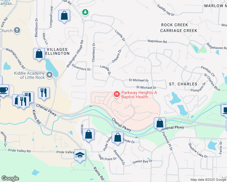 map of restaurants, bars, coffee shops, grocery stores, and more near 7 Bernay Drive in Little Rock