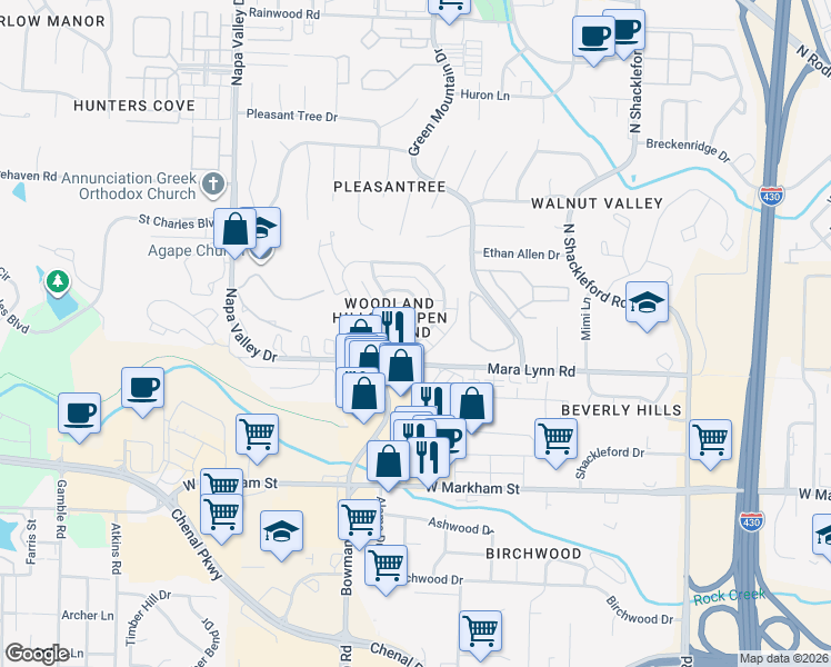 map of restaurants, bars, coffee shops, grocery stores, and more near 38 Forest Circle in Little Rock