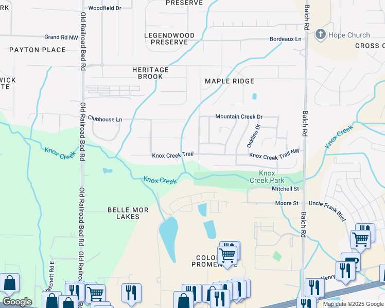 map of restaurants, bars, coffee shops, grocery stores, and more near 207 Knox Creek Trail in Madison