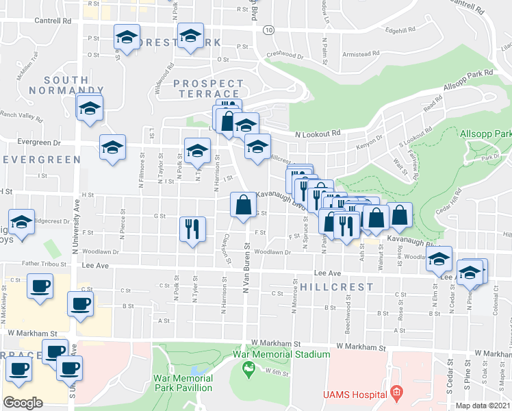 map of restaurants, bars, coffee shops, grocery stores, and more near 803 North Van Buren Street in Little Rock