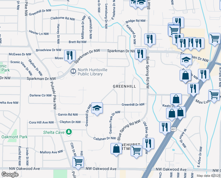 map of restaurants, bars, coffee shops, grocery stores, and more near 2708 Monticello Drive Northwest in Huntsville