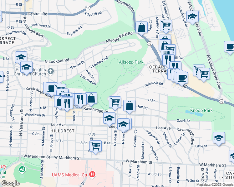 map of restaurants, bars, coffee shops, grocery stores, and more near 4001 Oakwood Road in Little Rock