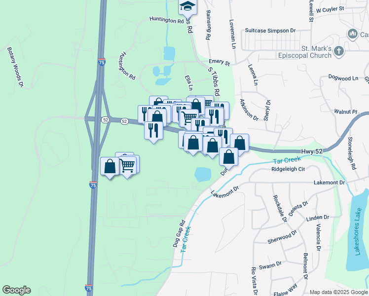 map of restaurants, bars, coffee shops, grocery stores, and more near 1365 West Walnut Avenue in Dalton